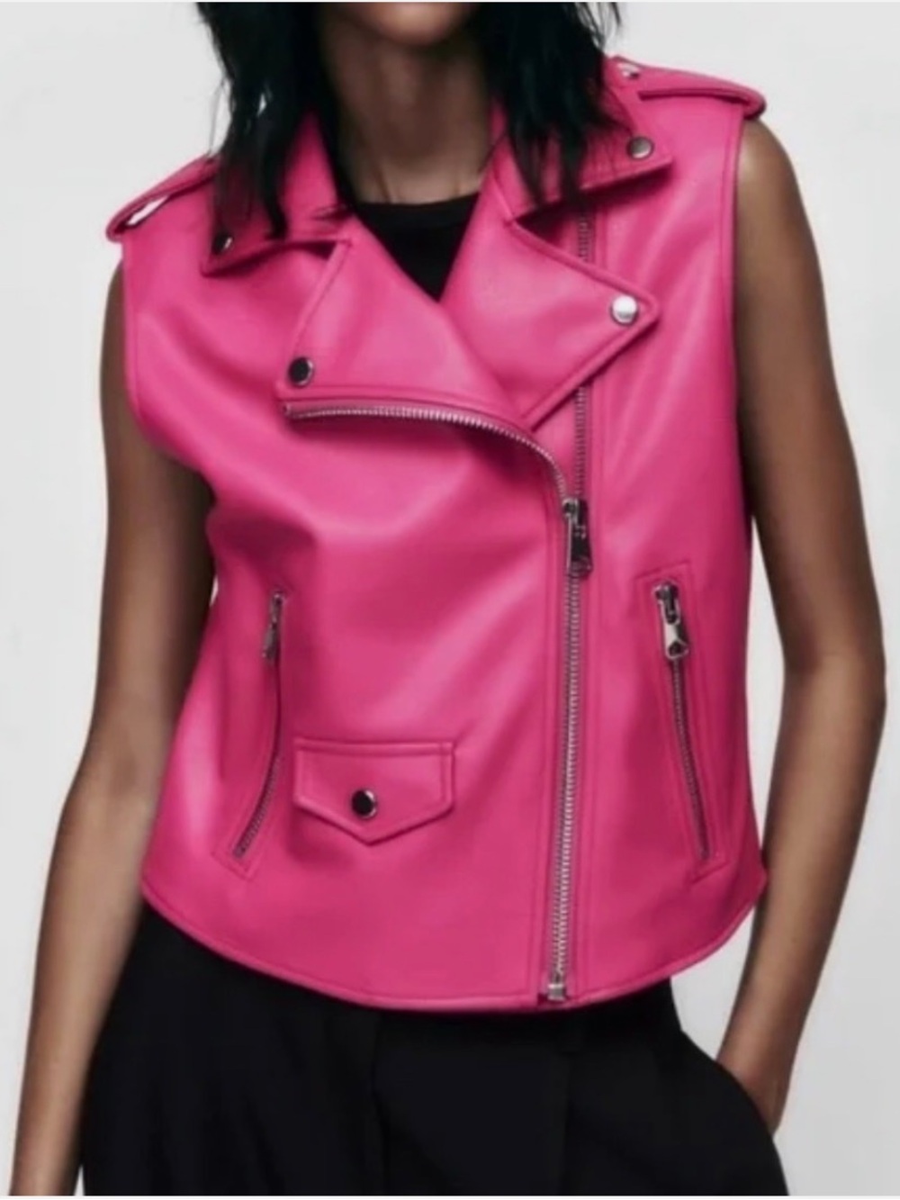 ZARA Barbie Pink Faux Leather Biker Vest Zip Up Size XL